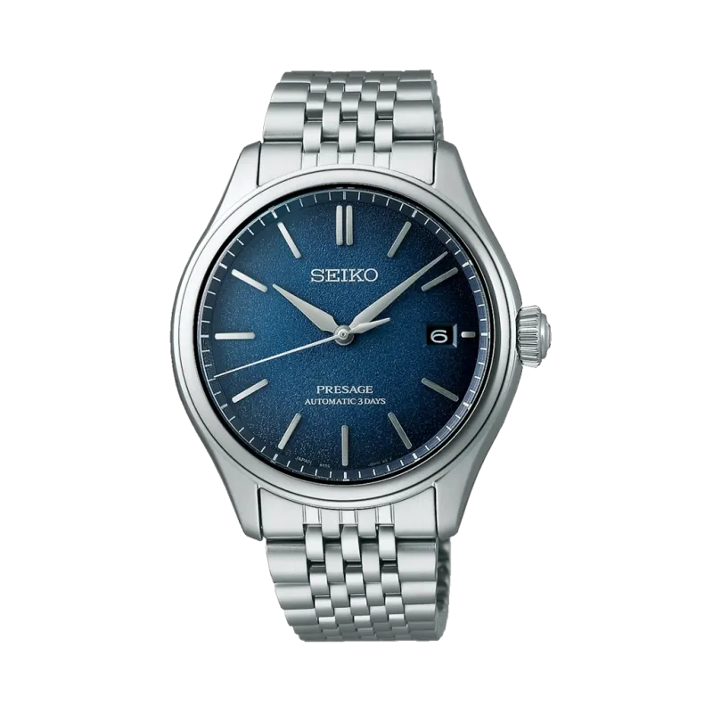 Seiko Presage Classic SPB525J1 herreklokke på 40 mm med blå skive, automatisk verk og stållenke med foldelås.