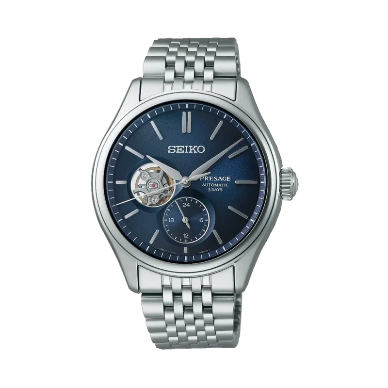 Seiko Presage Classic SPB527J1 herreklokke på 40 mm med blå skive, automatisk verk og stållenke med foldelås.