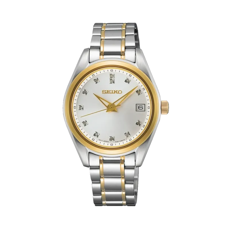 Seiko Ladies SUR582P1 dameklokke på 28 mm i tofarget stål med hvit skive og lenke. 