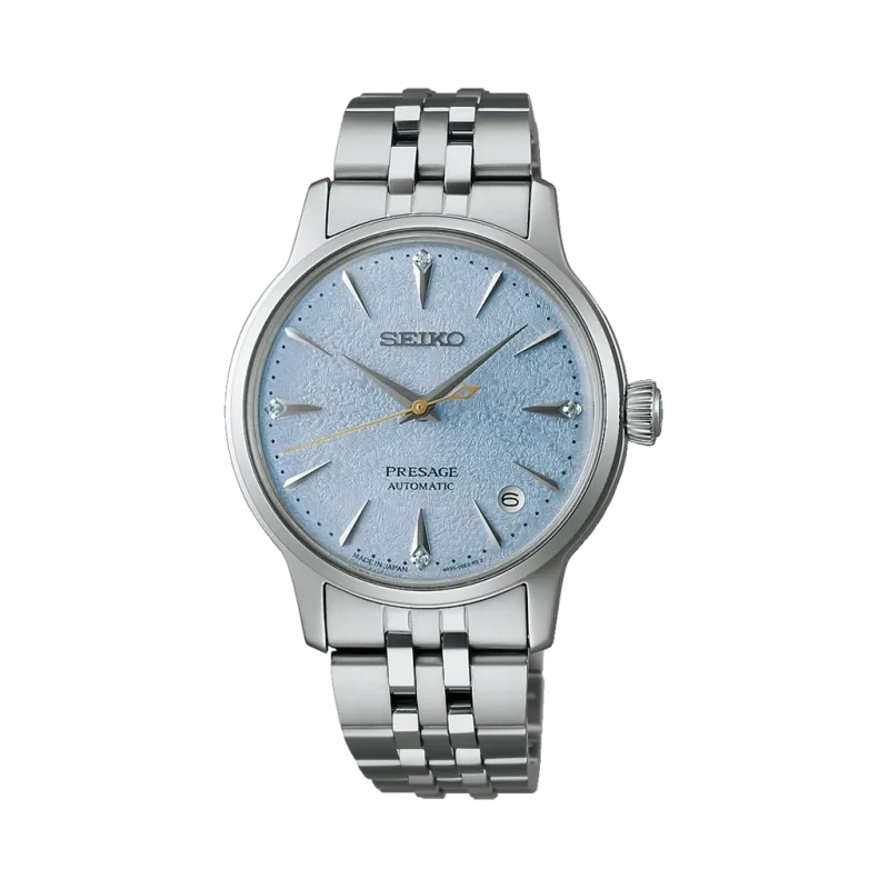 Seiko Presage Cocktail Time SRPL61J1 dameklokke på 34 mm i stål med lysblå tallskive. 
