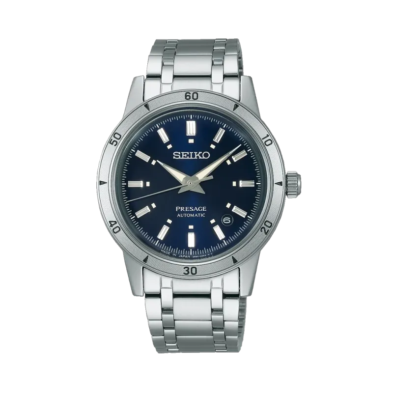 Seiko Presage Style 60's herreklokke på 39,5 mm med blå skive og kasse og lenke i stål