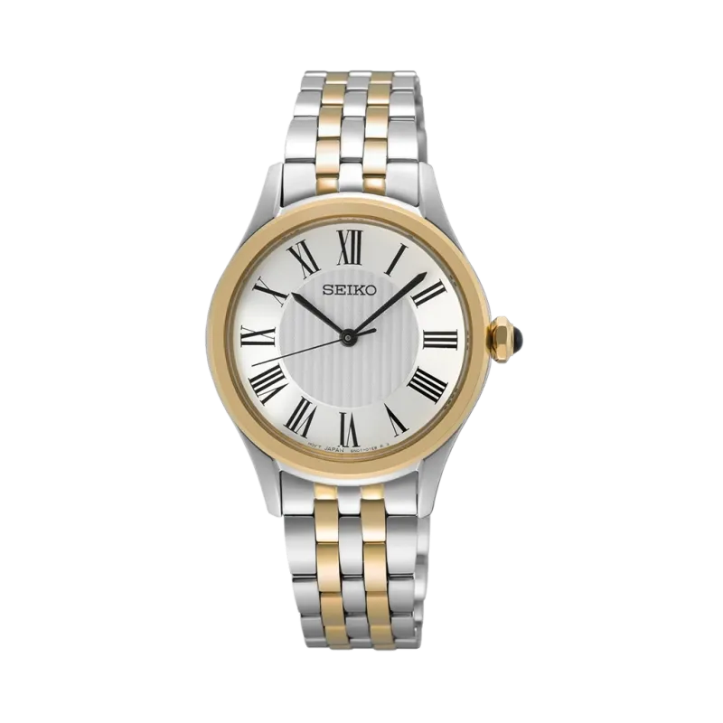 Seiko dameklokke med kasse og lenke i tofarget stål og quartzverk