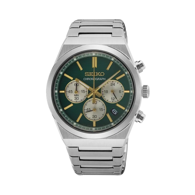Seiko herreklokke med chronograph, quartzverk og stållenke med foldelås