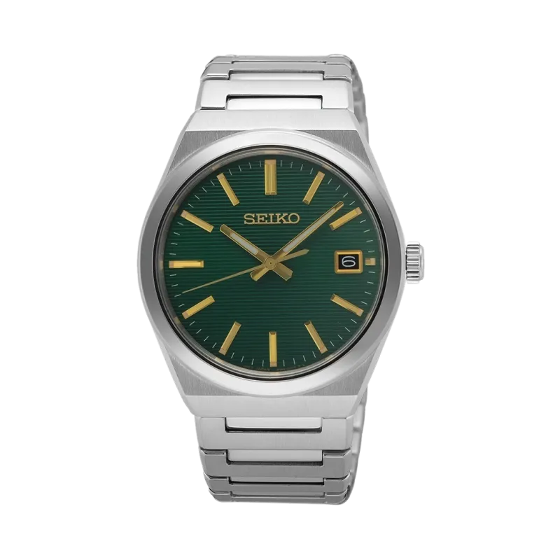 Seiko herreklokke med grønn skive og stållenke.