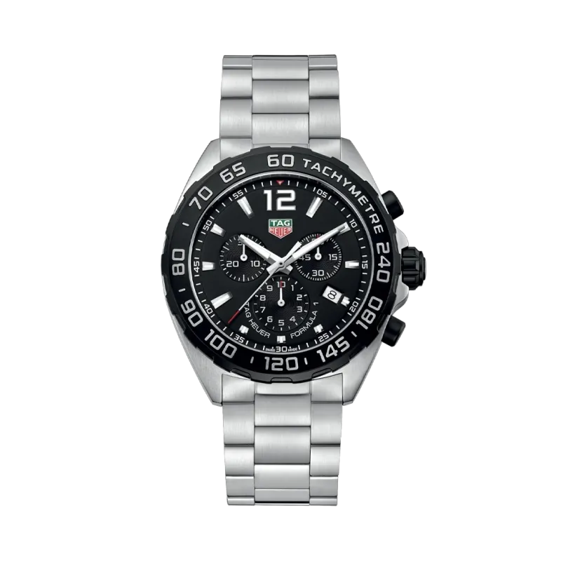 TAG Heuer Formula 1 Chronograph CAZ1010.BA0842 til herre med kasse og lenke i stål og sort skive.