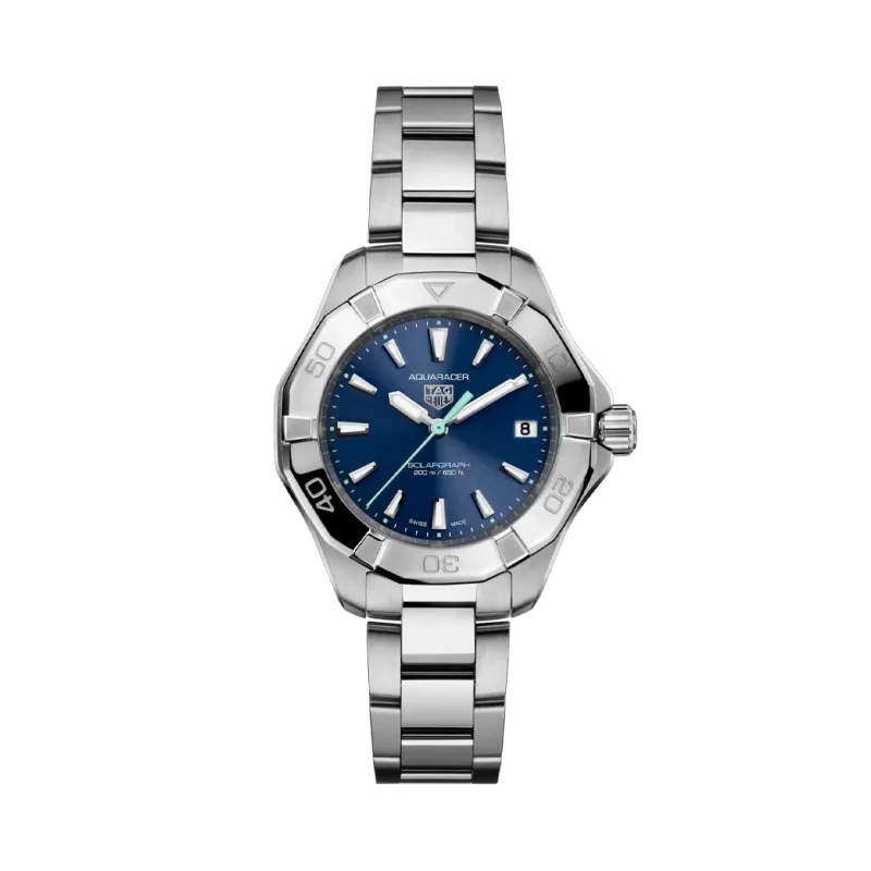 TAG Heuer Aquaracer Professional 200 Solargraph WBP1311.BA0005 dameklokke på 43 mm med blå skive, stållenke med foldelås og automatisk verk.