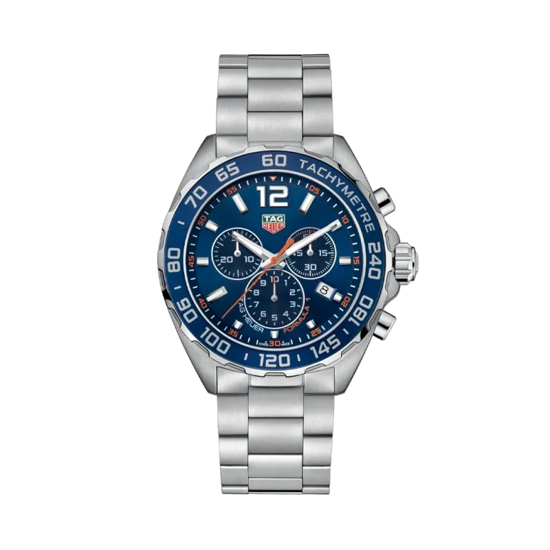 TAG Heuer Formula 1 Chronograph CAZ1014.BA0842 herreklokke på 43 mm med blå skrive, bezel med tachymeter og stållenke med foldelås.