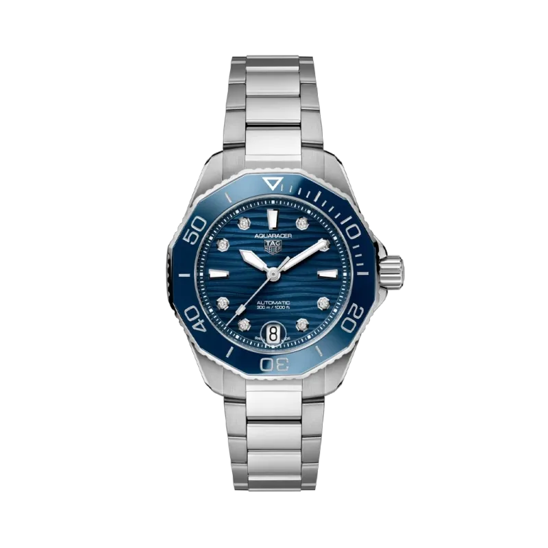 TAG Heuer Aquaracer Professional 300 Date dameklokke på 36 mm med automatisk verk, blå tallskive med diamanter og stållenke.