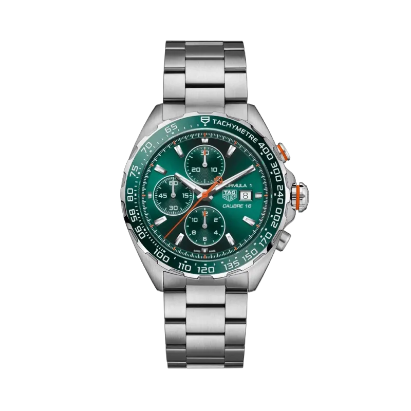 TAG Heuer Formula 1 Chronograph CAZ201H.BA0876 herreklokke på 44 mm i stål med automatisk verk og grønn skive 