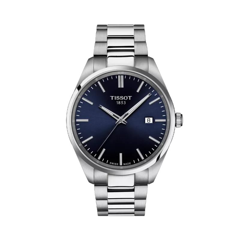 Tissot PR 100 T150.410.11.041.00 herreklokke med quartzverk, blå skive og kasse og lenke i stål. 