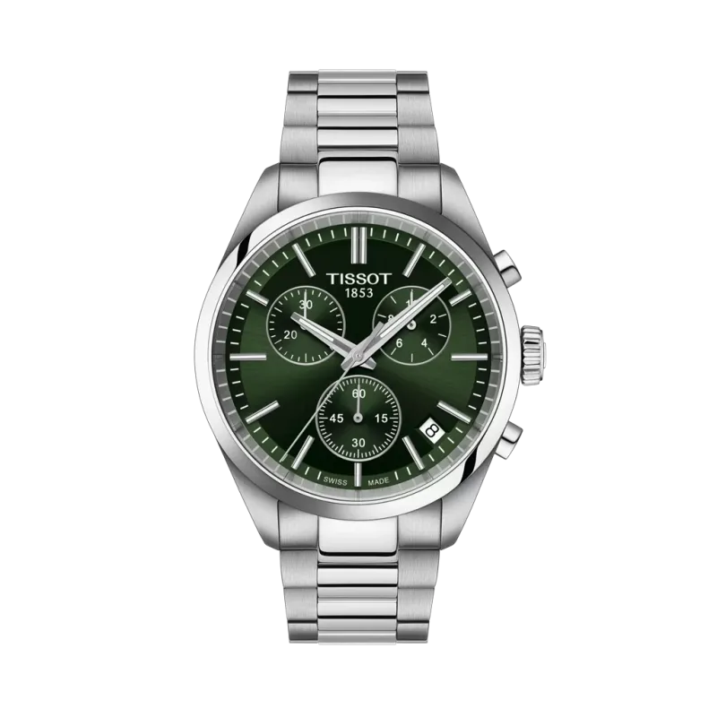 Tissot PR 100 40 mm 
T1504171109100 herreklokke i stål med grønn skive og kronograf