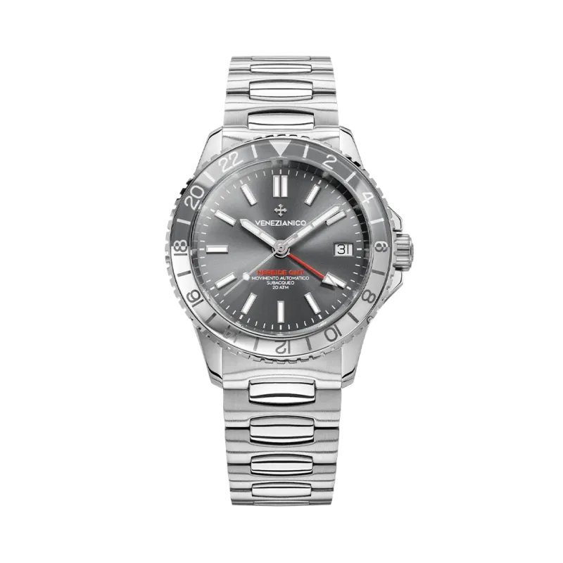 Venezianico Nereide GMT 39 3521501C er en herreklokke med GMT-funksjon, grå skive og kasse og lenke i stål