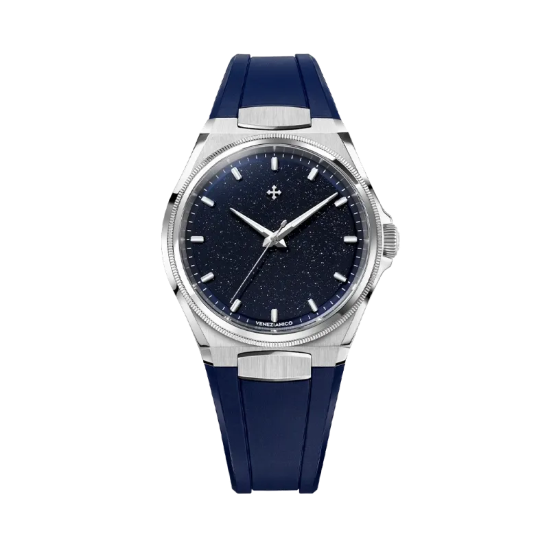 Venezianico Arsenale Avventurina 6221550 herreklokke på 40mm med kasse i stål, glitrende blå tallskive og gummirem.