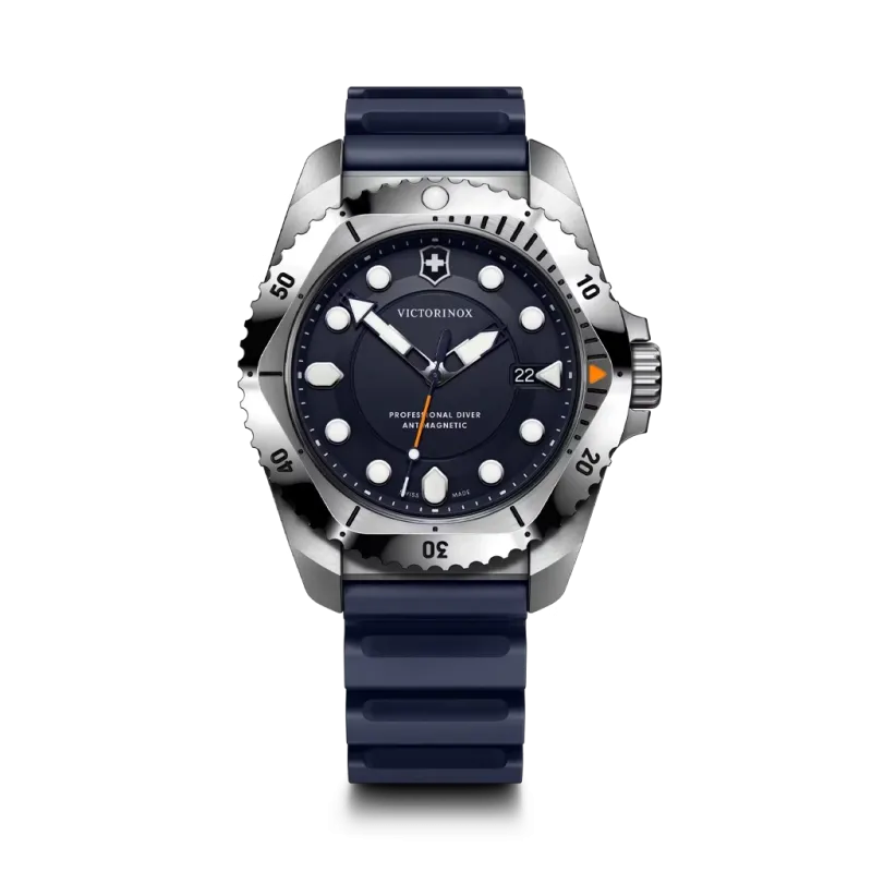 Victorinox Dive Pro Quartz dykkerklokke til herre på 43 mm med blå skive, blå gummirem og quartzverk. 300 meter vanntett.