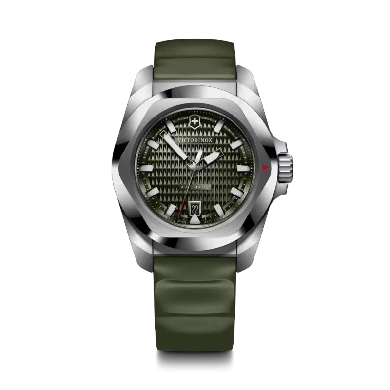 Victorinox I.N.O.X. Automatic herreklokke i stål på 41 mm med grønn skive og grønn rem. 200 meter vanntett.