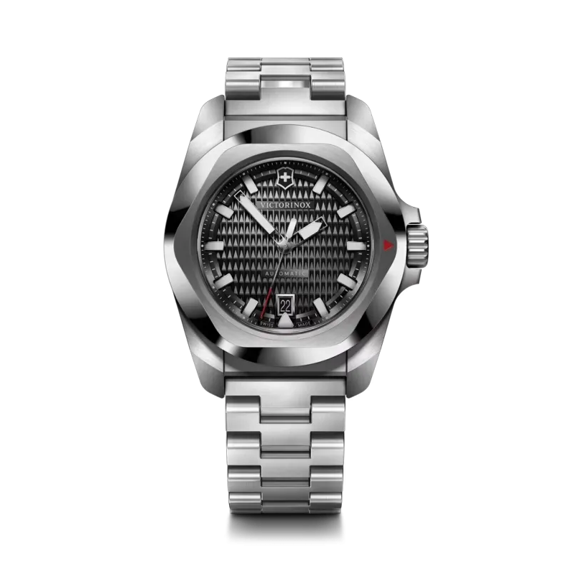 Victorinox I.N.O.X. Automatic herreur med sort tallskive, kasse og lenke i stål. 200 meter vanntett.