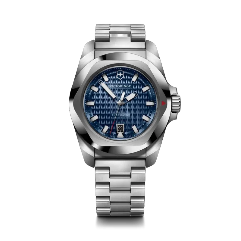 Victorinox I.N.O.X. Automatic herreur med blå skive, kasse og lenke i stål. Vanntett til 200 meter.