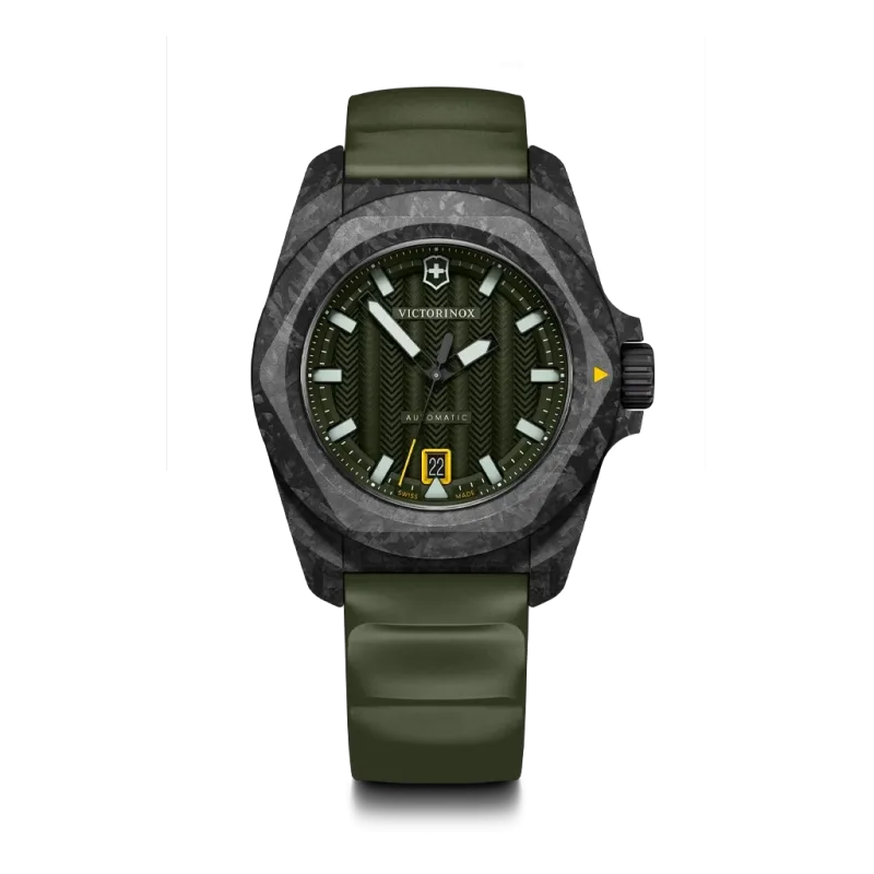 Victorinox I.N.O.X. Automatic herreklokke med grønn skive, kasse i karbon og grønn gummirem. 200 meter vanntett. 