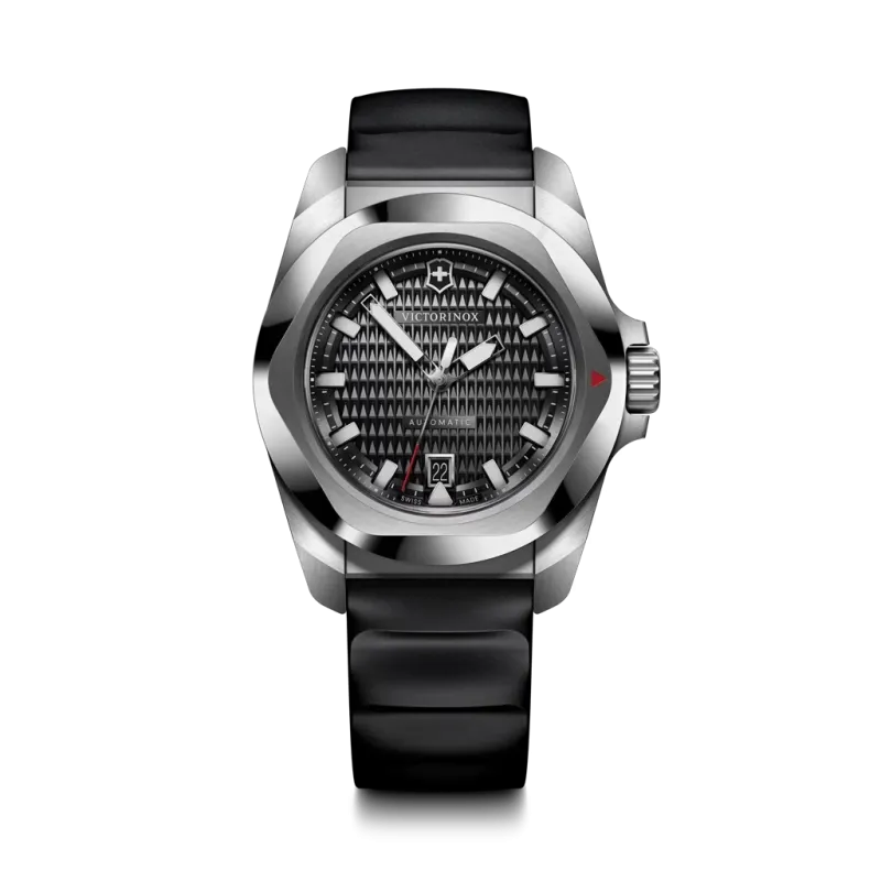 Victorinox I.N.O.X. Automatic herreklokke med sort skive, kasse i stål og gummirem. 200 meter vanntett.