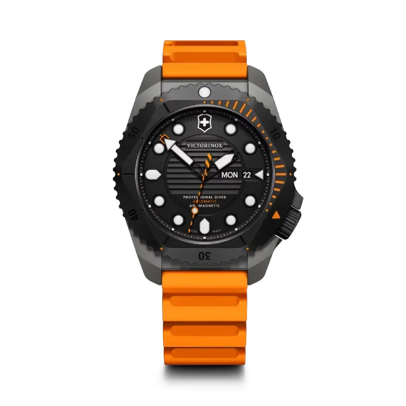Victorinox Dive Pro Automatic dykkerur til herre på 43 mm med automatisk verk, sort skive, kasse i titan og oransje gummirem.