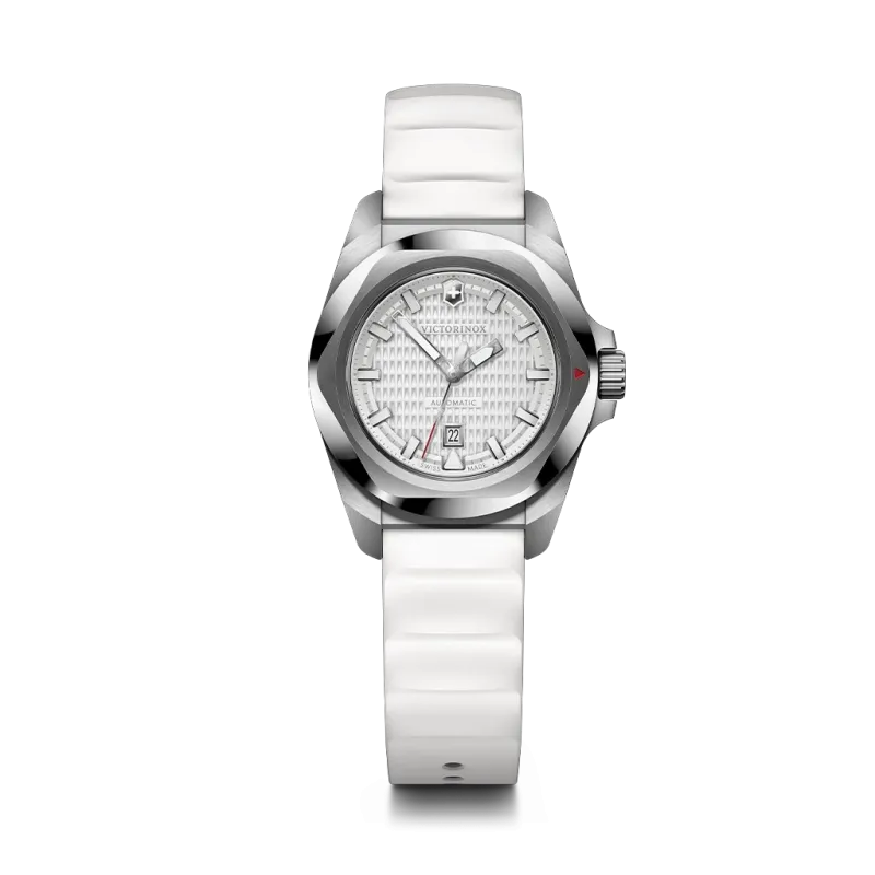 Victorinox I.N.O.X dameklokke med hvit skive, kasse i stål og gummirem.