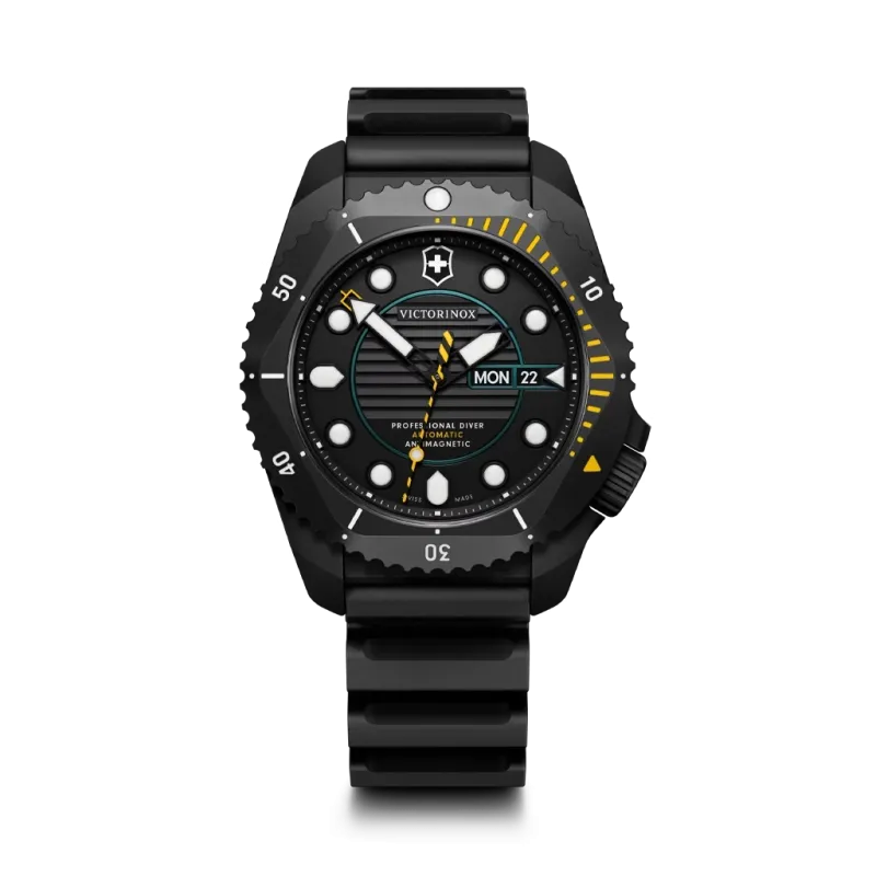 Victorinox Dive Pro Automatic dykkerklokke til herre på 43 mm med automatisk verk, sort tallskive, kasse og gummirem. 300 meter vanntett.