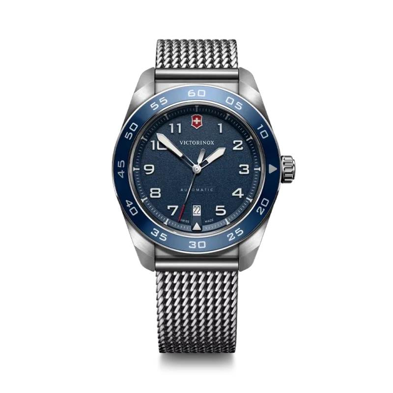 Victorinox Swiss Army Automatic 242045 42 mm til herre med blå skive og meshlenke i stål.