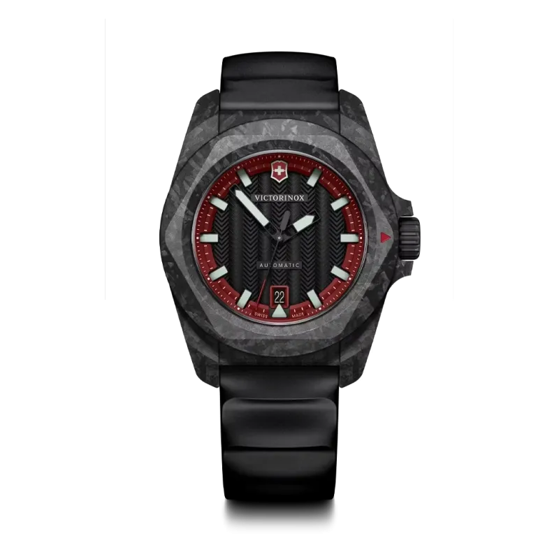 Victorinox I.N.O.X. herreklokke med automatisk verk, sort og rød tallskive og sort gummirem.