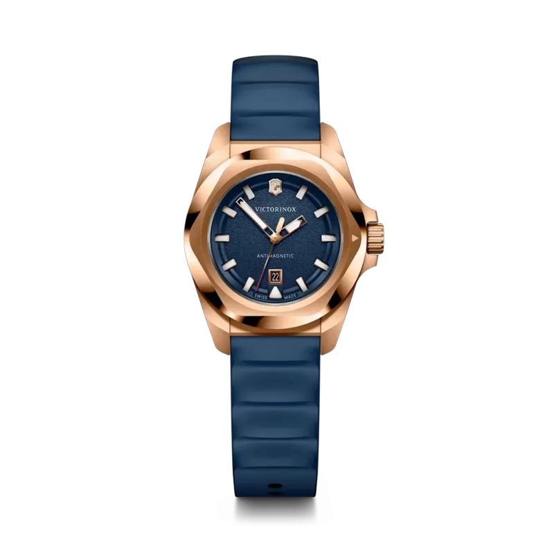 Victorinox I.N.O.X. Small dameklokke med quartzverk, blå skive, kasse i rosegullfarge og gummirem.v