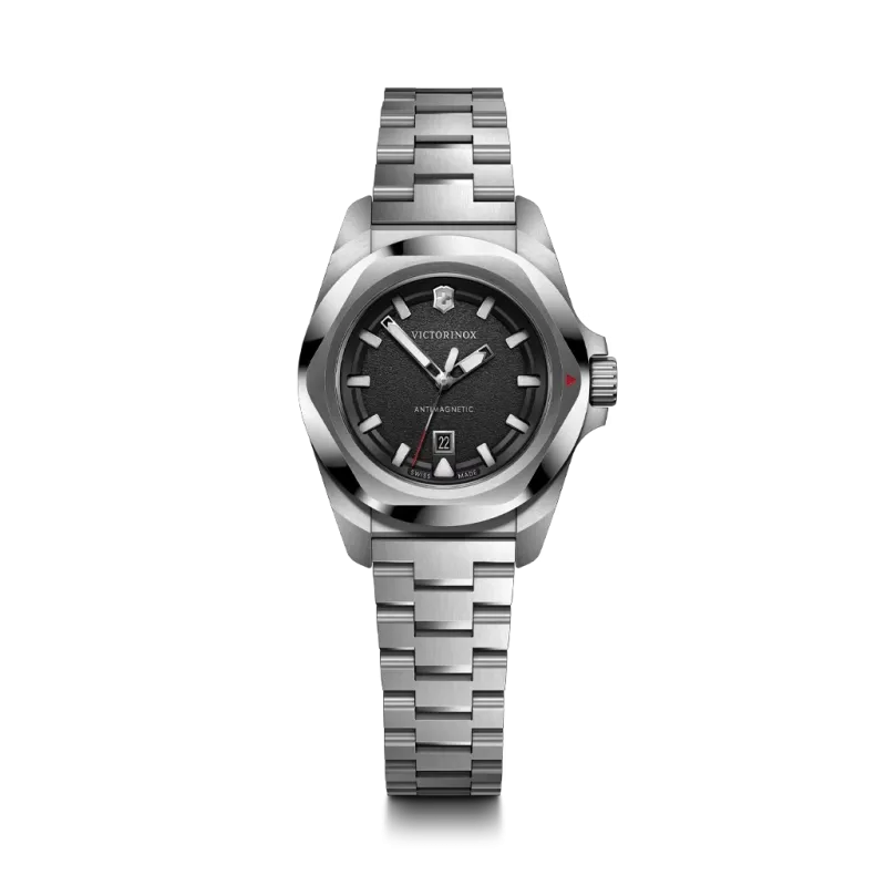 Victorinox I.N.O.X. Small dameklokke med quartzverk sort skive og kasse og lenke i stål.