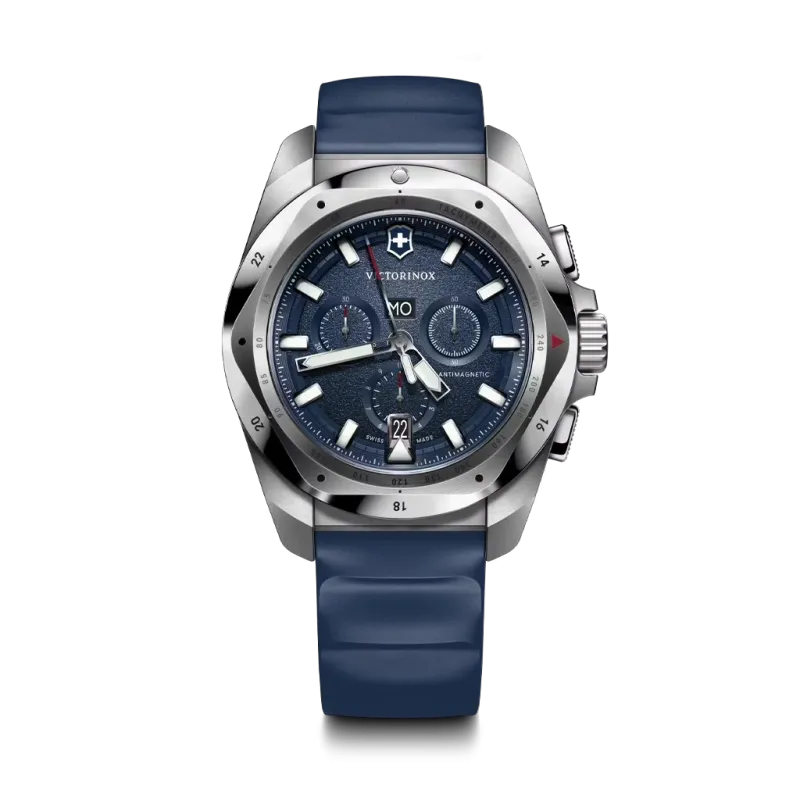 Victorinox I.N.O.X. Chrono herreklokke med quartzverk, chronograph, blå skive og blå gummirem.