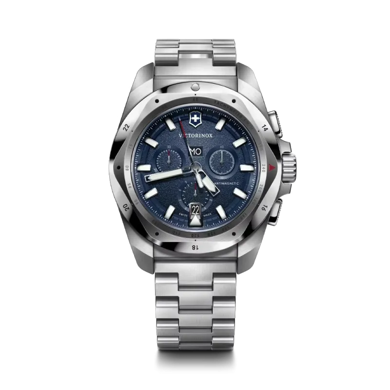 Victorinox I.N.O.X. Chrono herreklokke med quartzverk, chronograph, blå skive og stållenke.