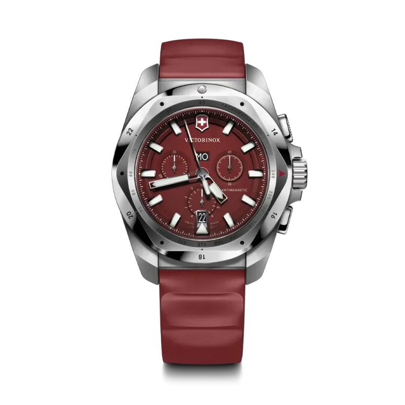 Victorinox I.N.O.X. Chrono herreklokke med quartzverk, chronograph, rød tallskive og rød gummirem.