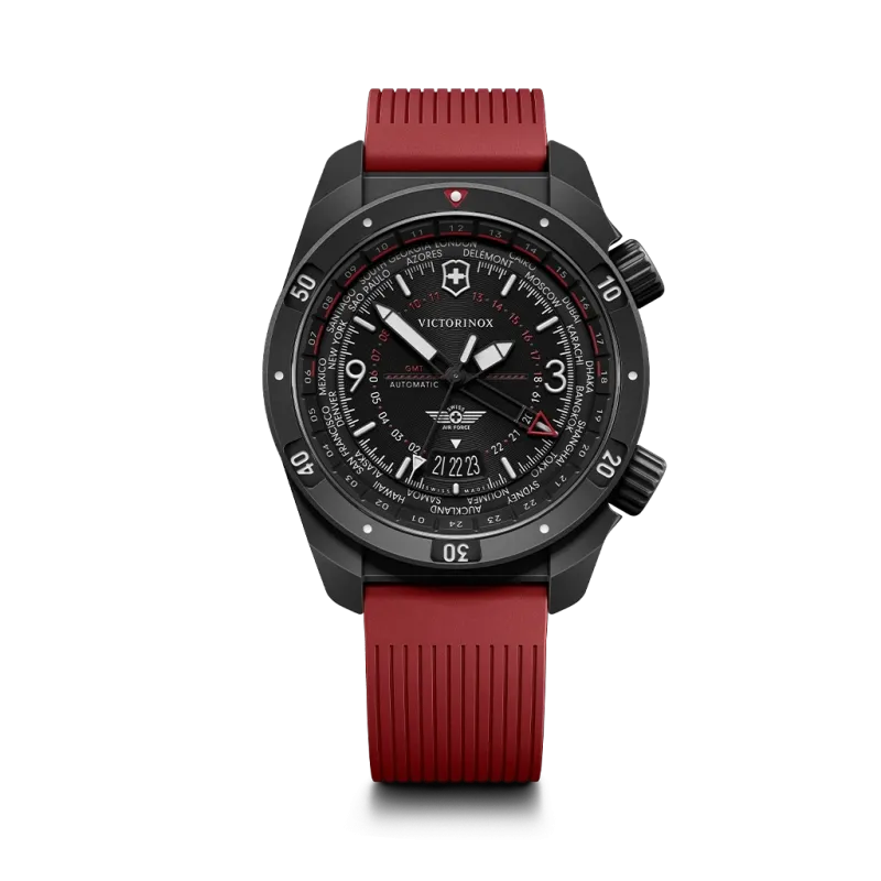 Victorinox Air Pro GMT Automatic herreklokke på 43 mm med GMT-funksjon, sort skive og kasse og gummirem. 