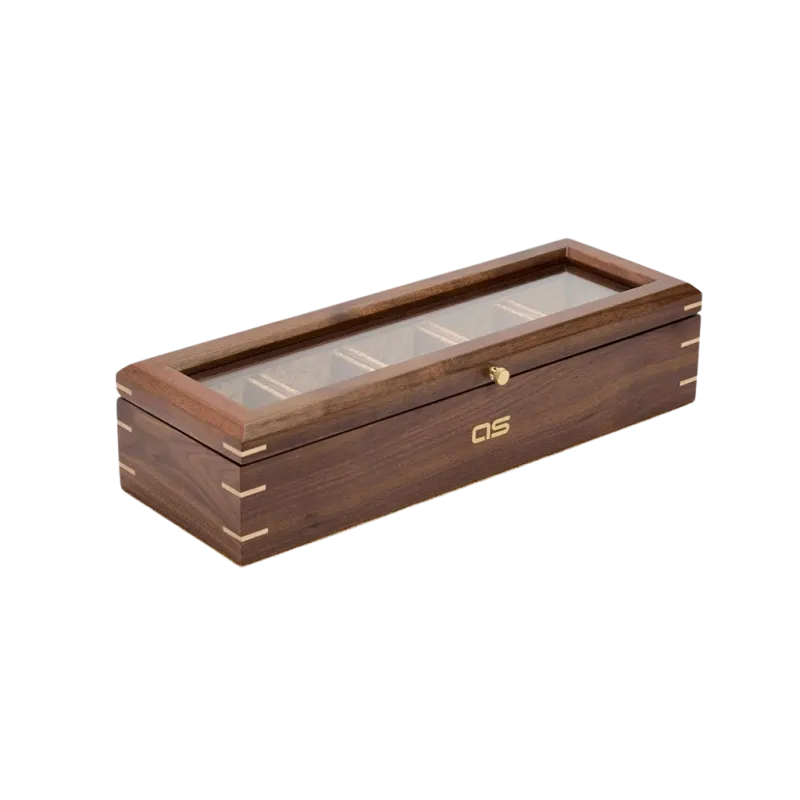 WOLF Analog/Shift 710212 klokkeboks i tre med plass til 5 klokker. Interiør av kork, gjennomsiktig lokk.