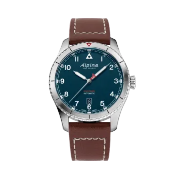 Alpina Startimer Pilot Automatic herreklokke på 41 mm med blå skive, kasse i stål og brun skinnrem.