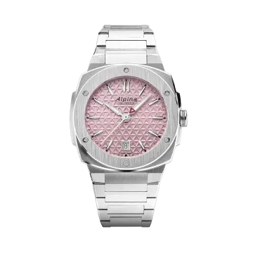 Alpina Alpiner Extreme Quartz dameklokke på 35,2 mm med kasse og lenke i stål og rosa skive.