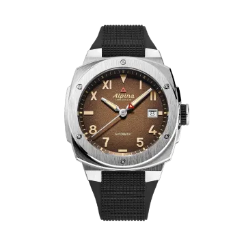 Alpina Alpiner Extreme Automatic California herreklokke med brun skive og sort gummirem med foldelås. Kasse i stål.