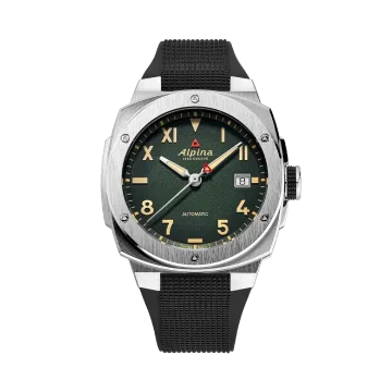 Alpina Alpiner Extreme Automatic California herreklokke med grønn skive, kasse i stål og sort gummirem med foldelås.