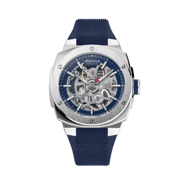Alpina Alpiner Extreme Skeleton Automatic herreklokke med gjennomsiktig skive, kasse i stål og blå gummirem med foldelås.