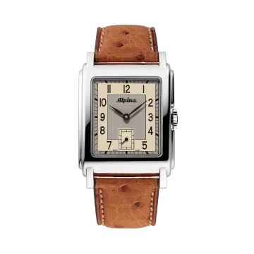 Alpina Heritage Carree Automatic 140 Years rektangulær herreklokke med lys tallskive, kasse i stål og rem av strutseskinn.
