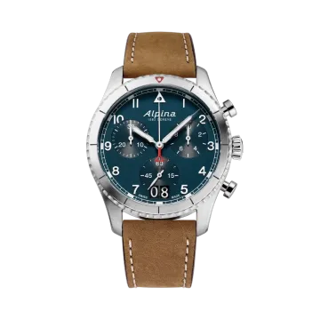 Alpina Startimer Pilot Quartz Chronograph Big Date herreklokke med blå skive og brun skinnrem.