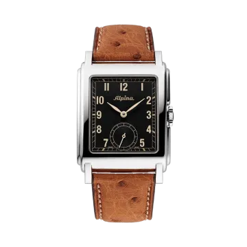 Alpina Heritage Carree rektangulær herreklokke med sort skive, automatikkverk og brun skinnrem.