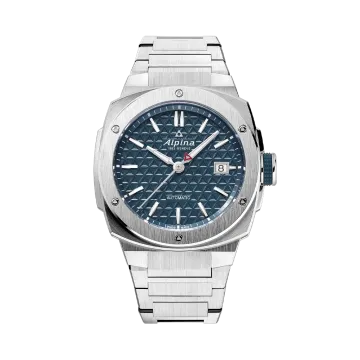 Alpina Alpiner Extreme Automatic herreklokke med automatisk verk, kasse og lenke i stål og blå tallskive.