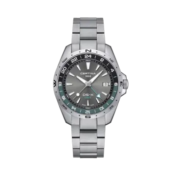 Certina DS-X GMT herreklokke med grå tallskive og stållenke med foldelås. 200 meter vanntett.