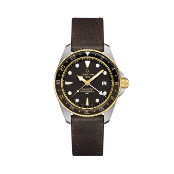 Certina DS Action GMT Powermatic 80 herreklokke med sort skive, skinnrem og GMT-funksjon.