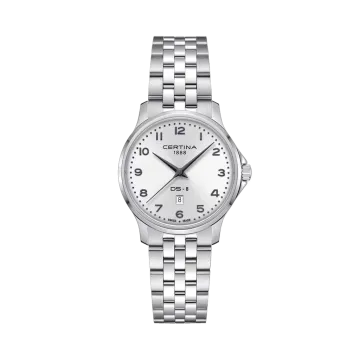 Certina DS-8 Lady C045.010.11.032.00 dameklokke på 31 mm med sølvfarget skive, skinnrem og quartzverk. 100 meter vanntett.
