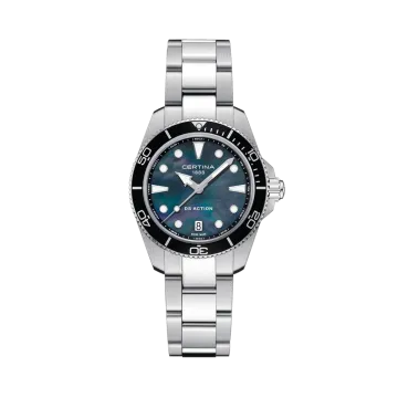 Certina DS Action dameklokke med blå perlemorskive og kasse og lenke i stål. 300 meter vanntett.