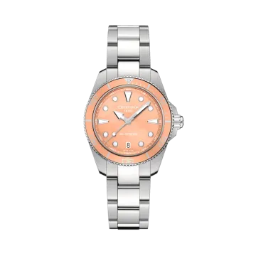 Certina DS Action dameklokke med oransje perlemorskive og kasse og lenke i stål. 300 meter vanntett.