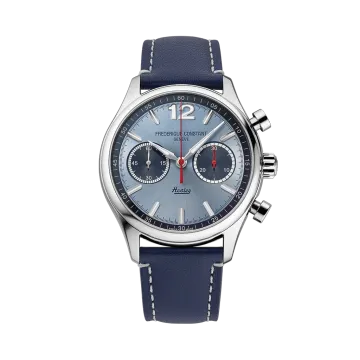 Frederique Contant Healey herreklokke med blå skive og chronograph. Automatisk verk og skinnrem.